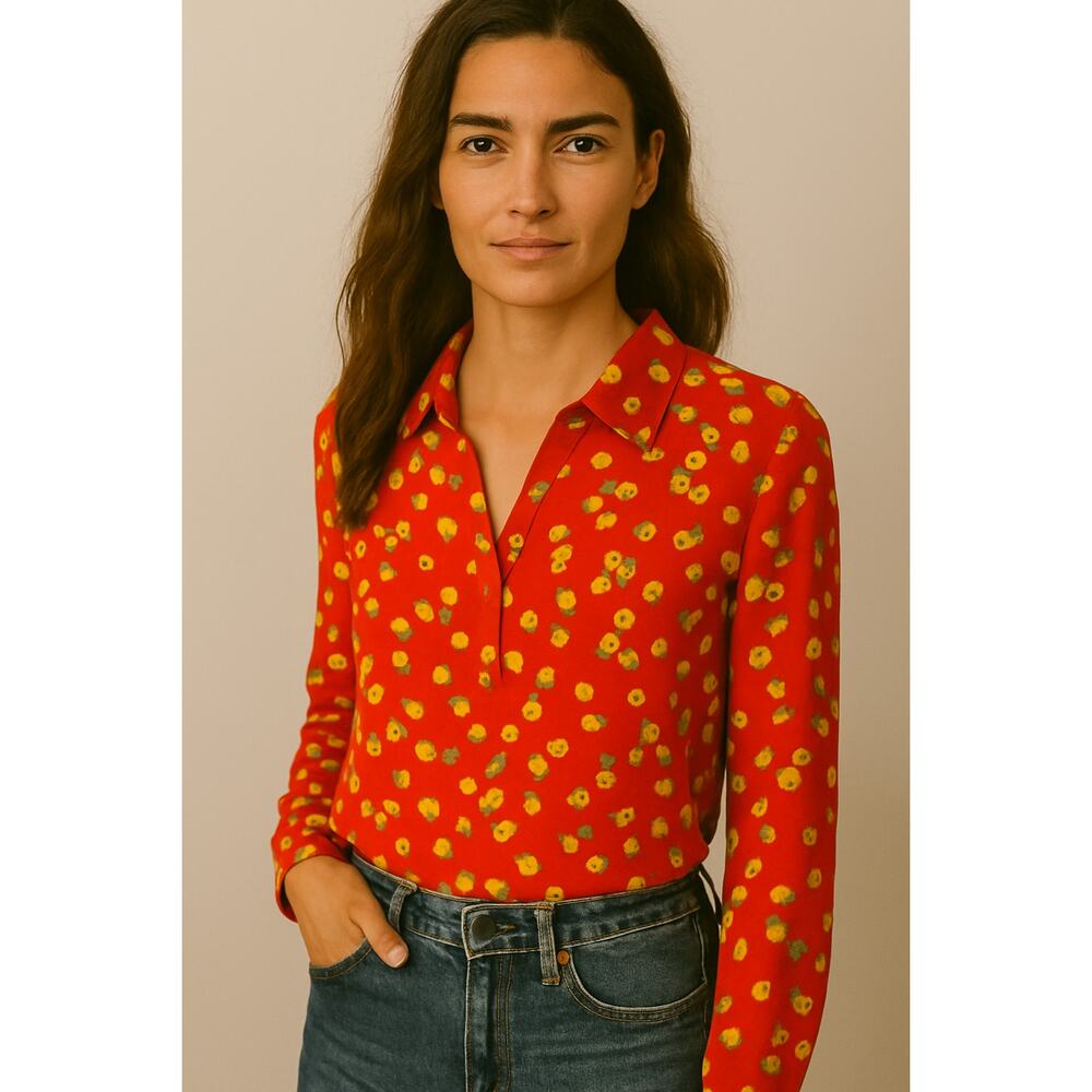 Cabi Red  Orange Floral Henley Blouse Split Neck‎ Button Front Women’s L